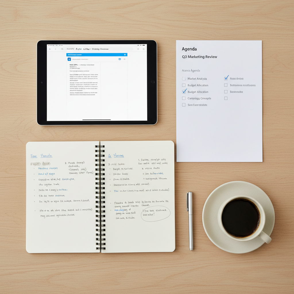 Flat-lay ovanifrån av förberedelsematerial för styrelsemöte - tablet med dagordning, utskriven agenda med checkmarkeringar och anteckningsbok